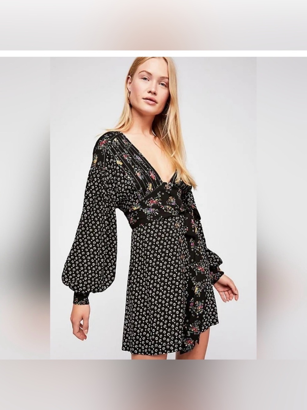 Free People Black Floral Wrap Mini Dress with Balloon Sleeves